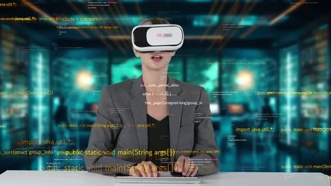 IT developer typing computer code for analyzing intelligent by VR. Contraption. Stock Photos