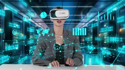 IT developer typing computer code for analyzing intelligent by VR. Contraption. Stockfoto's