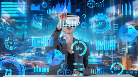 IT developer typing computer code for analyzing intelligent by VR. Contraption. 写真素材