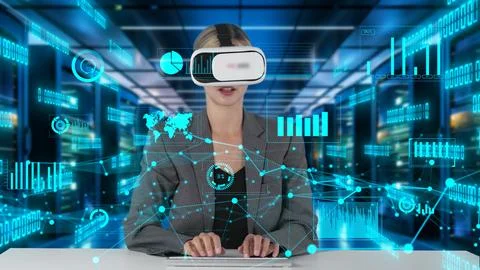 IT developer typing computer code for analyzing intelligent by VR. Contraption. Stock Photos