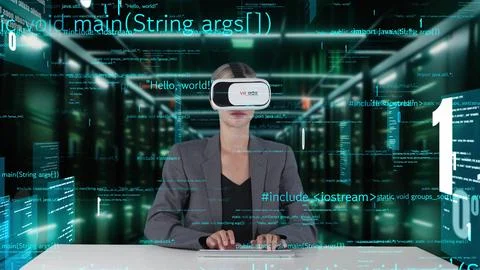 IT developer typing computer code for analyzing intelligent by VR. Contraption. 스톡 사진