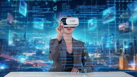 IT developer typing computer code for analyzing intelligent by VR. Contraption. Stock Photos