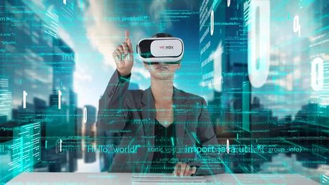 IT developer typing computer code for analyzing intelligent by VR. Contraption. 스톡 사진