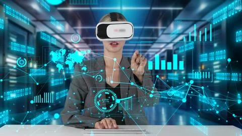 IT developer typing computer code for analyzing intelligent by VR. Contraption. Stockfoto's