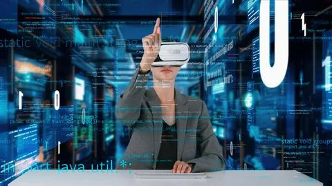 IT developer typing computer code for analyzing intelligent by VR. Contraption. Stock Photos