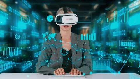 IT developer typing computer code for analyzing intelligent by VR. Contraption. Stock Photos