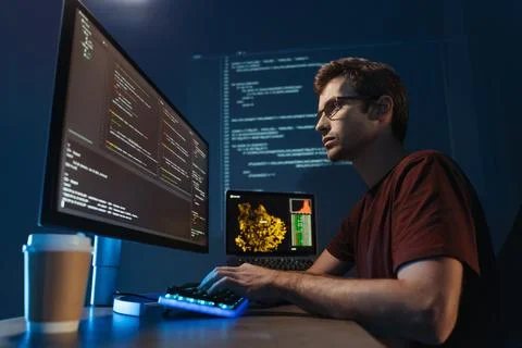 IT developer using computer at home office working on software, coding new Stock-Fotos