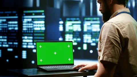 IT developer using mock up laptop 스톡 사진