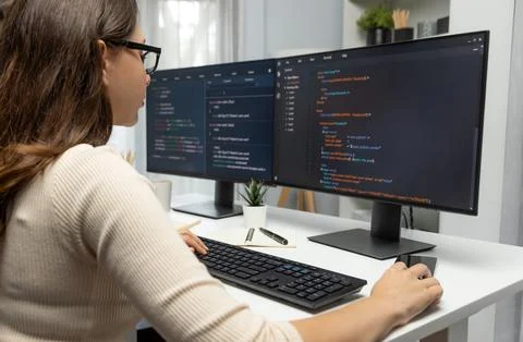IT developer woman coding on laptop screen at back side view. Postulate. Stockfoto's