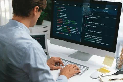 IT developer working online software development on pc and laptop. Pecuniary. Foto stock