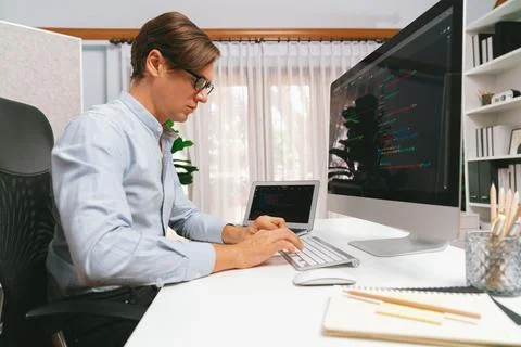 IT developer working online software development on pc and laptop. Pecuniary. Foto stock