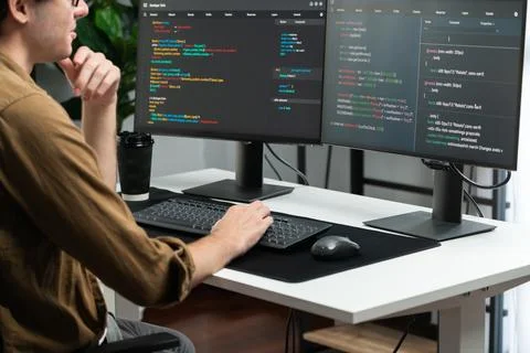 IT developer working online software development coding on pc screens. Gusher. 스톡 사진