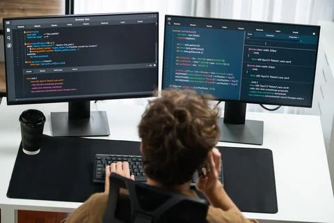 IT developer working online software development coding on pc screens. Gusher. Stock Photos