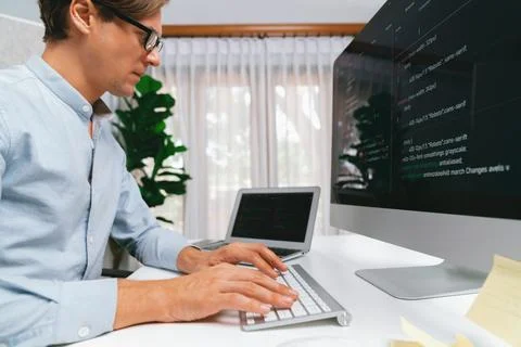 IT developer working online software development on pc and laptop. Pecuniary. Foto stock
