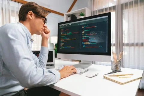 IT developer working online software development on pc and laptop. Pecuniary. Foto stock