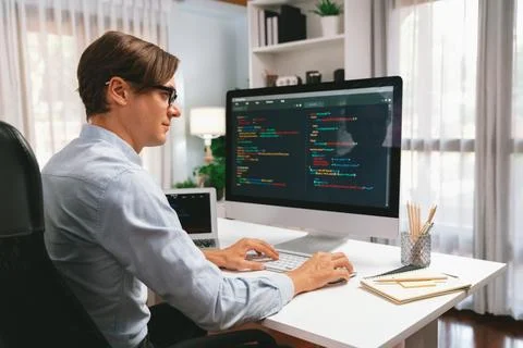 IT developer working online software development on pc and laptop. Pecuniary. Foto stock