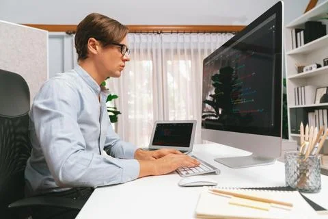 IT developer working online software development on pc and laptop. Pecuniary. Foto stock