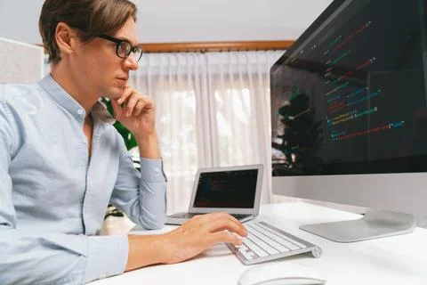 IT developer working online software development on pc and laptop. Pecuniary. Foto stock