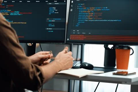 IT developer working online software development coding on pc screens. Gusher. 스톡 사진