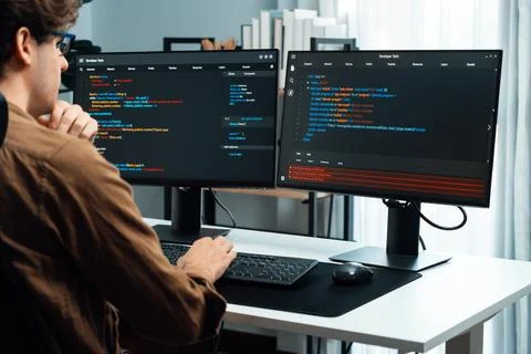 IT developer working online software development coding on pc screens. Gusher. 스톡 사진