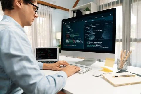 IT developer working online software development on pc and laptop. Pecuniary. Stockfoto's