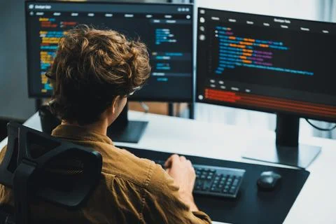 IT developer working online software development coding on pc screens. Gusher. 스톡 사진