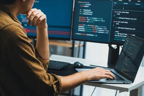 IT developer working online software development coding on pc screens. Gusher. 写真素材