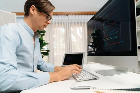 IT developer working online software development on pc and laptop. Pecuniary. Foto stock