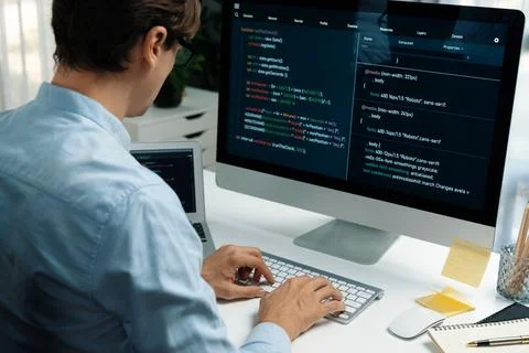 IT developer working online software development on pc and laptop. Pecuniary. 스톡 사진