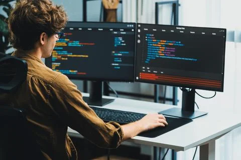 IT developer working online software development coding on pc screens. Gusher. Stock Photos