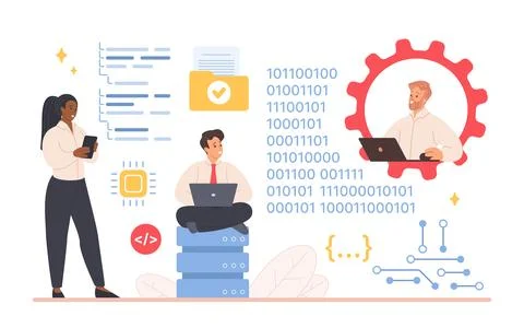 IT developers collaborating on code project Illustrazione stock