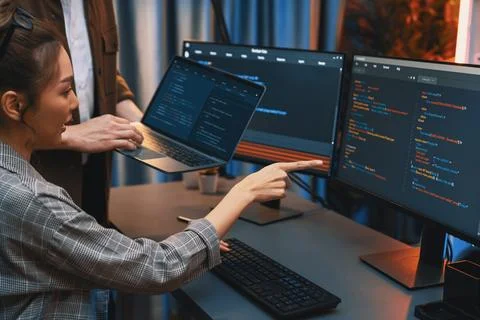 IT developers discussing intelligent website with laptop showing data. Infobahn. 库存照片