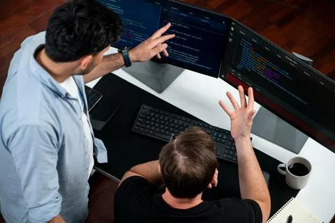 IT developers discussing online software development information. Sellable. Stock Photos