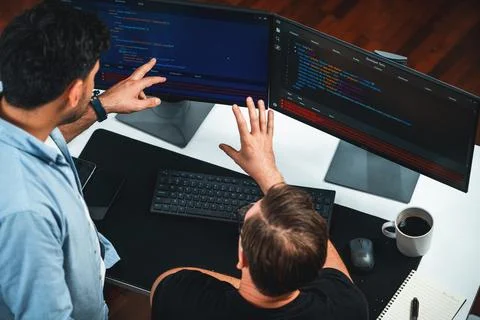 IT developers discussing online software development information. Sellable. Stock Photos