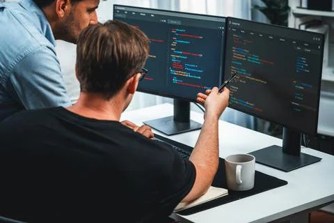 IT developers discussing online software development information. Sellable. Stock Photos