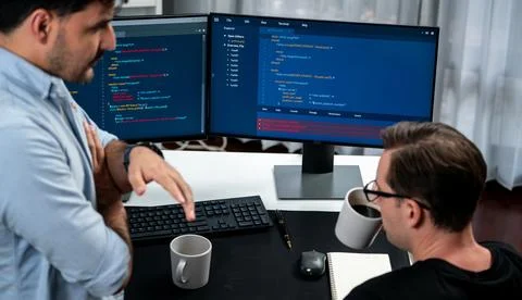 IT developers discussing online software development information. Sellable. Stock Photos