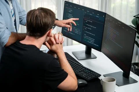 IT developers discussing online software development information. Sellable. Stock Photos