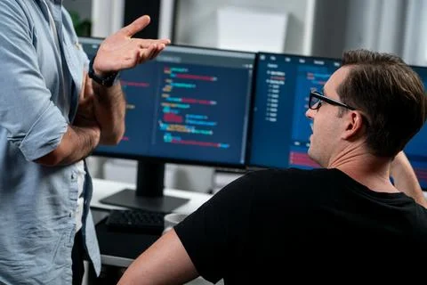 IT developers discussing online software development information. Sellable. Stock Photos