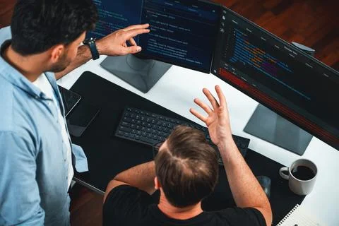 IT developers discussing online software development information. Sellable. Stock Photos