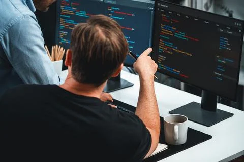 IT developers discussing online software development information. Sellable. Stock Photos