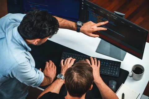 IT developers discussing online software development information. Sellable. Stock Photos