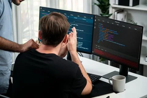 IT developers discussing online software development information. Sellable. Stock Photos