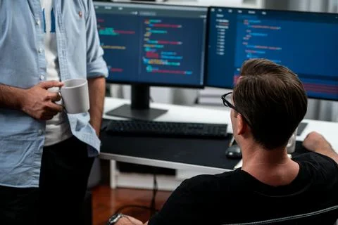 IT developers discussing online software development information. Sellable. Stock Photos