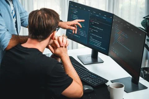 IT developers discussing online software development information. Sellable. Stock Photos