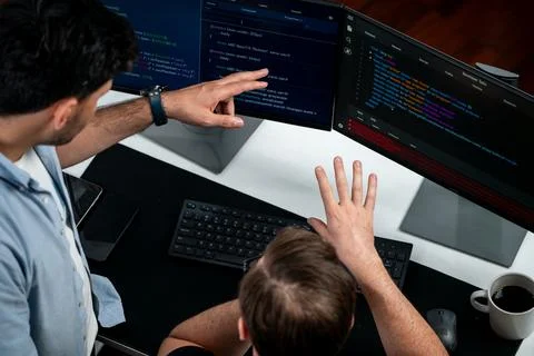 IT developers discussing online software development information. Sellable. Stock Photos