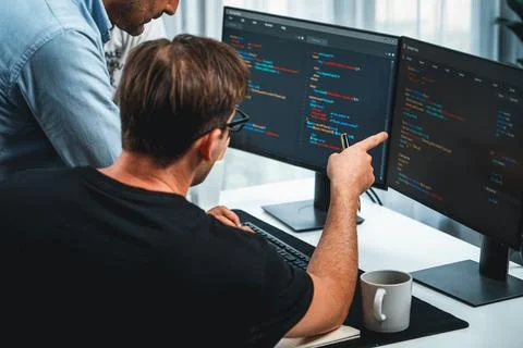 IT developers discussing online software development information. Sellable. Stock Photos