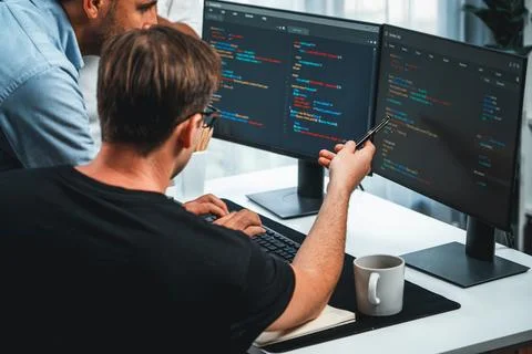 IT developers discussing online software development information. Sellable. Stock Photos