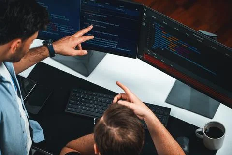 IT developers discussing online software development information. Sellable. Stock Photos