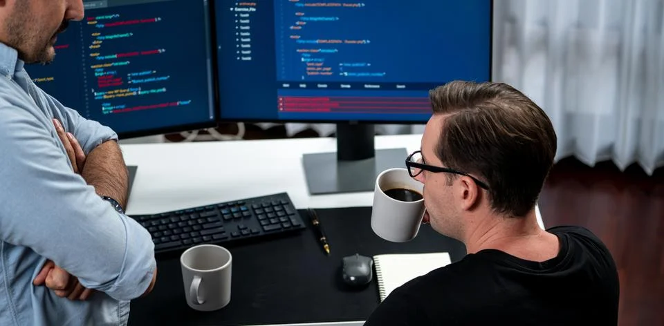 IT developers discussing online software development information. Sellable. Stock Photos