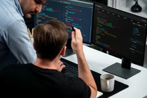 IT developers discussing online software development information. Sellable. Stock Photos